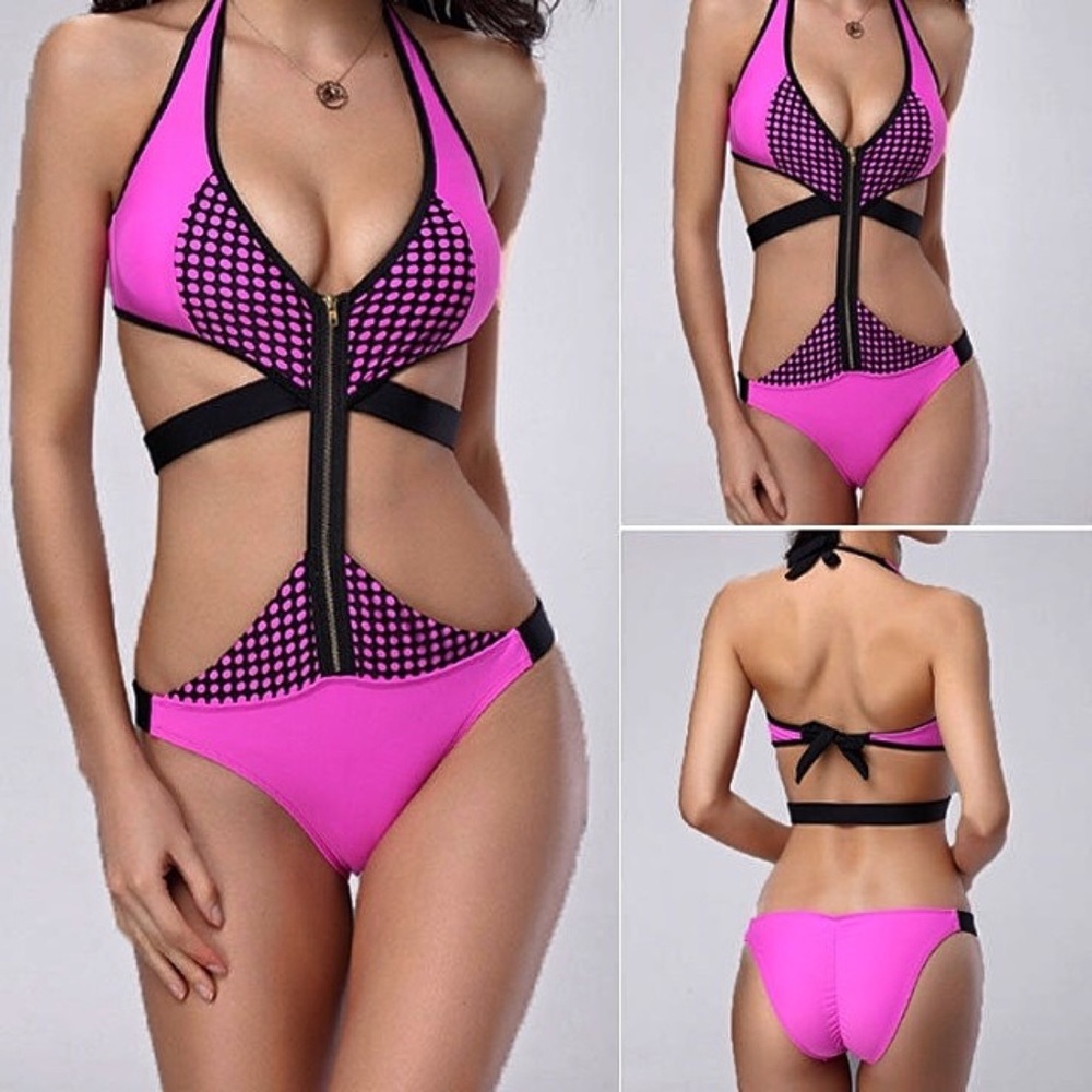 Neon Fuchsia Pink Romper Bodysuit Swimsuit Size S